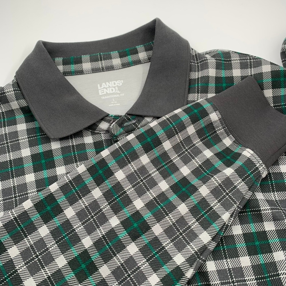 Lands End Long Sleeve Polo Mens Large Grey Green Plaid Excellent Traditional Fit